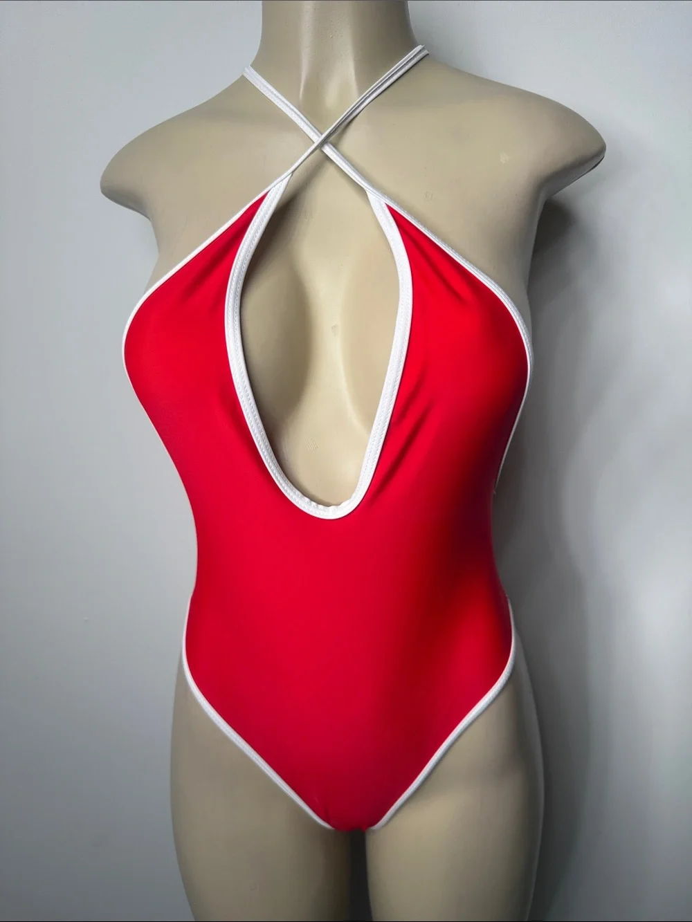 Red Cross-Back One-Piece Swimsuit with White Trim